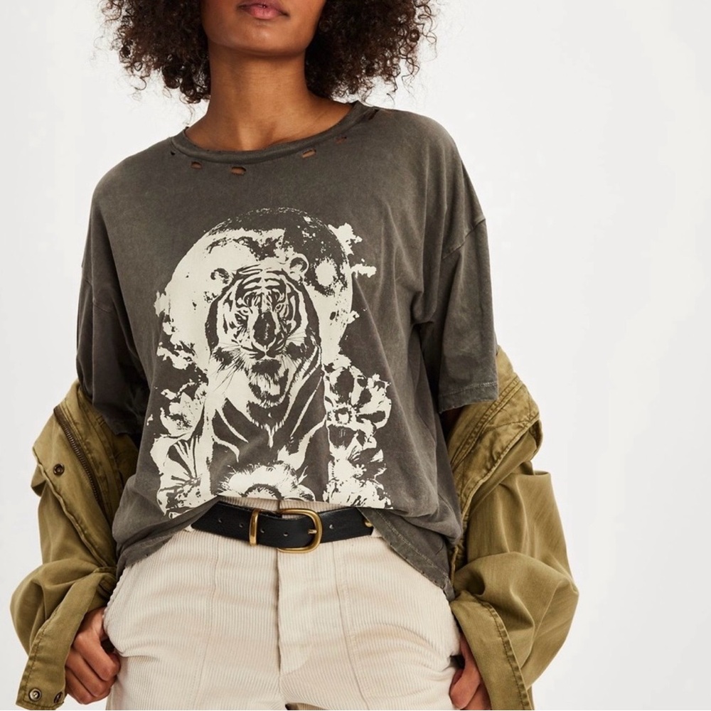 Free People Olive Green Distressed Tiger Graphic Tee